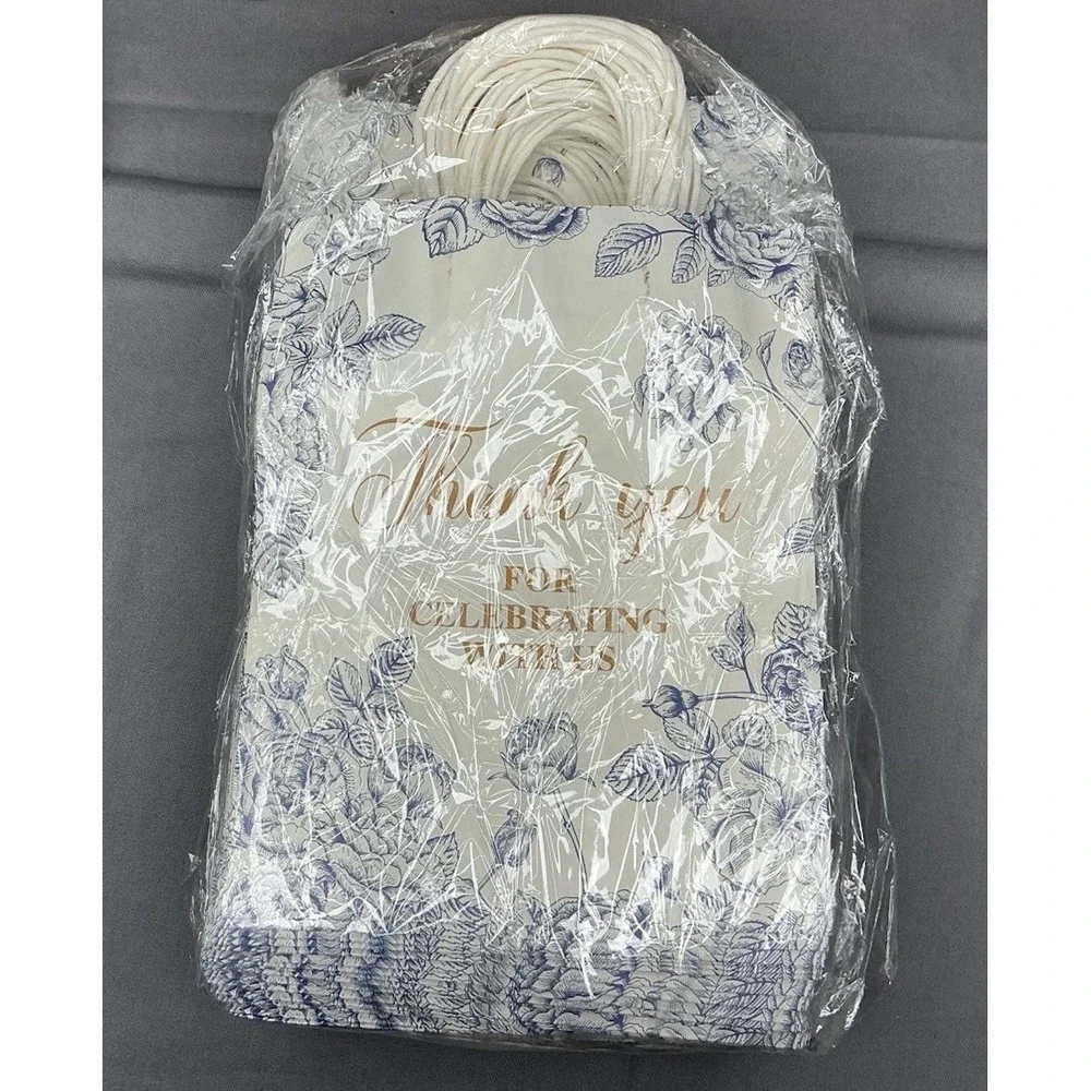 50 Pack Blue Toile Floral Thank You Paper Gift Bags Favors Wedding Bridal Shower